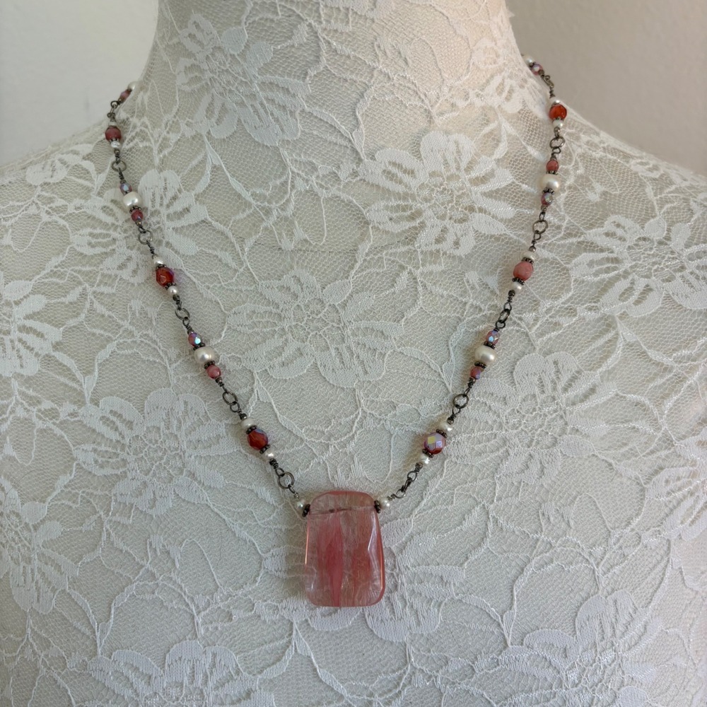 Vintage Pink Glass Necklace Coquette Fairycore Sterling Findings Faux Pearl